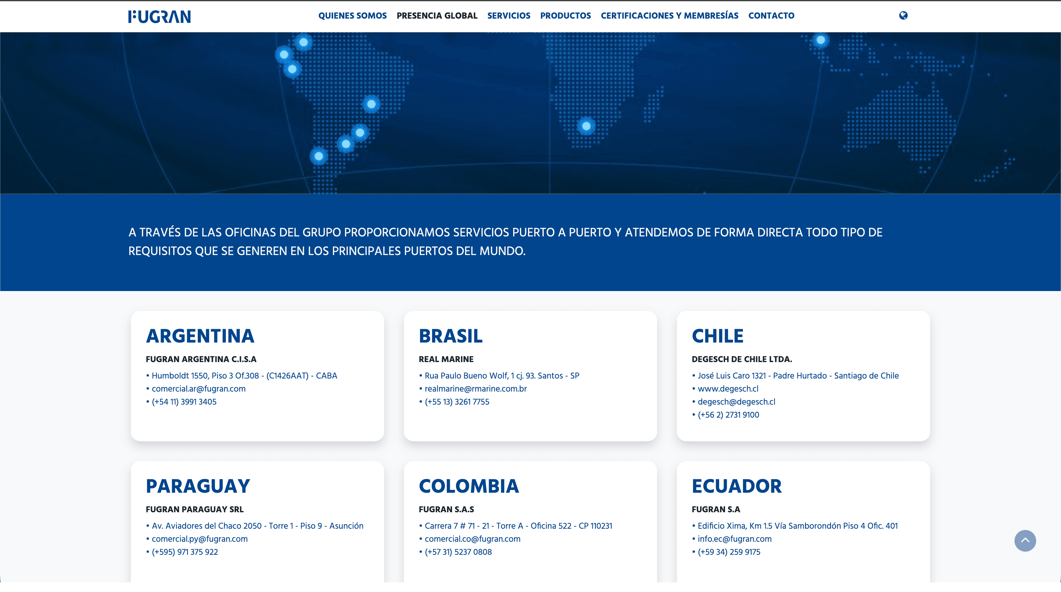 Sección de presencia global del sitio web anterior de Fugran