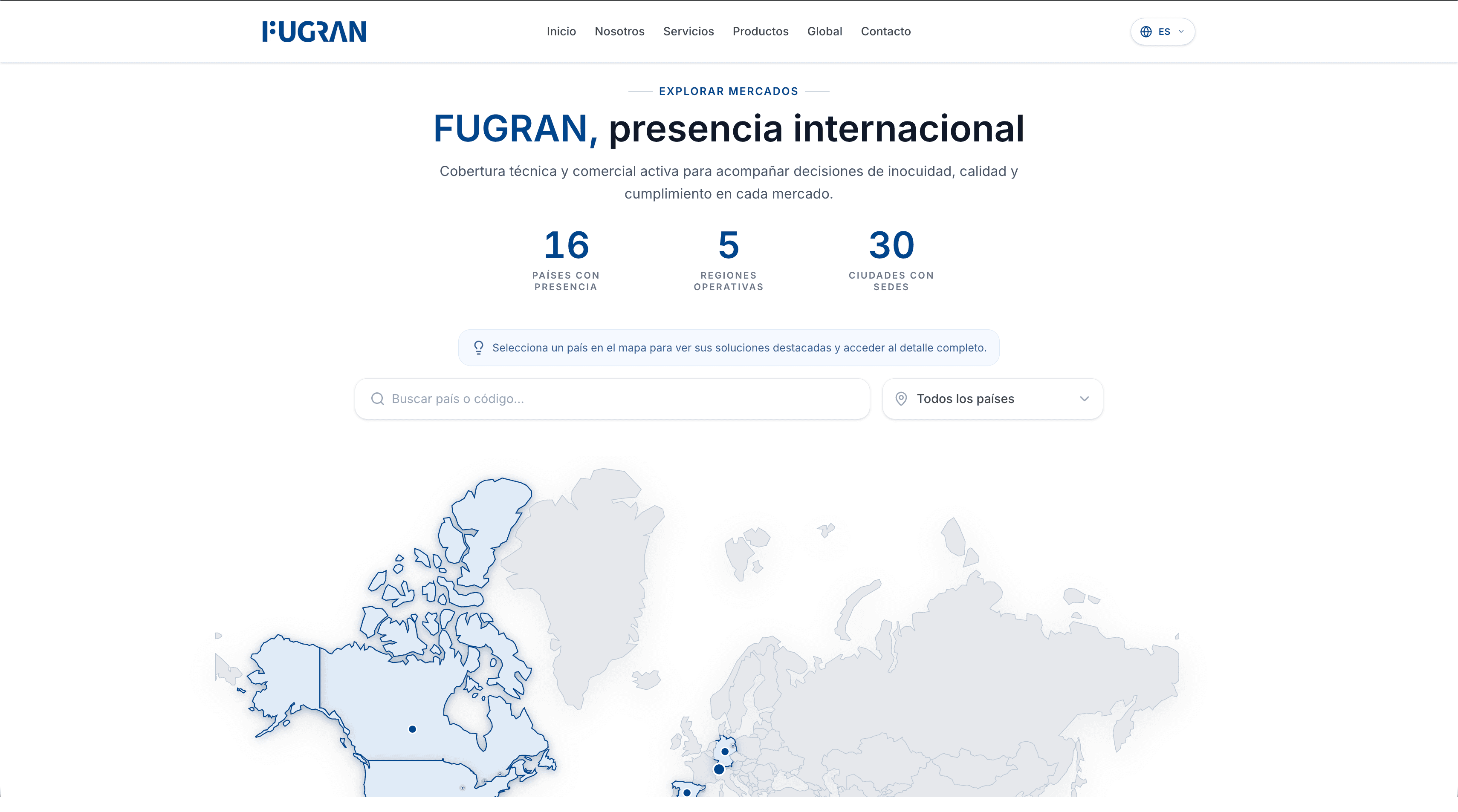 Sección de presencia global del rediseño actual de Fugran